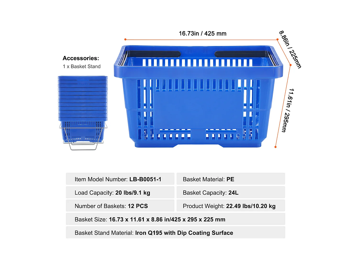 Paniers à Provisions SucceBuy 12 Pièces 24 L avec Support, Bleu