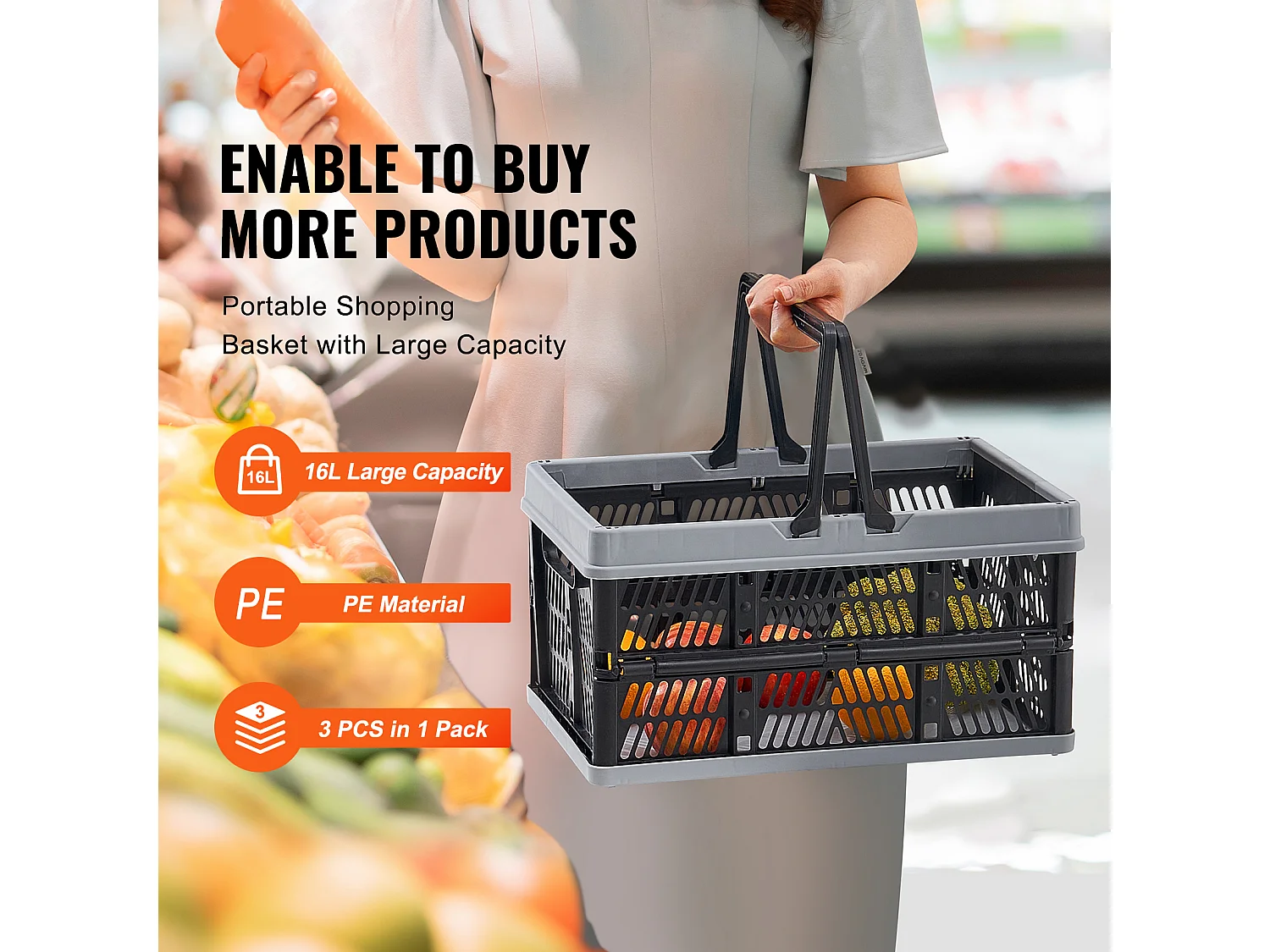 Boodschappentassen voor Shoppen SucceBuy Vouwbaar Zwart 3 Stuks 16 L met Handgreep