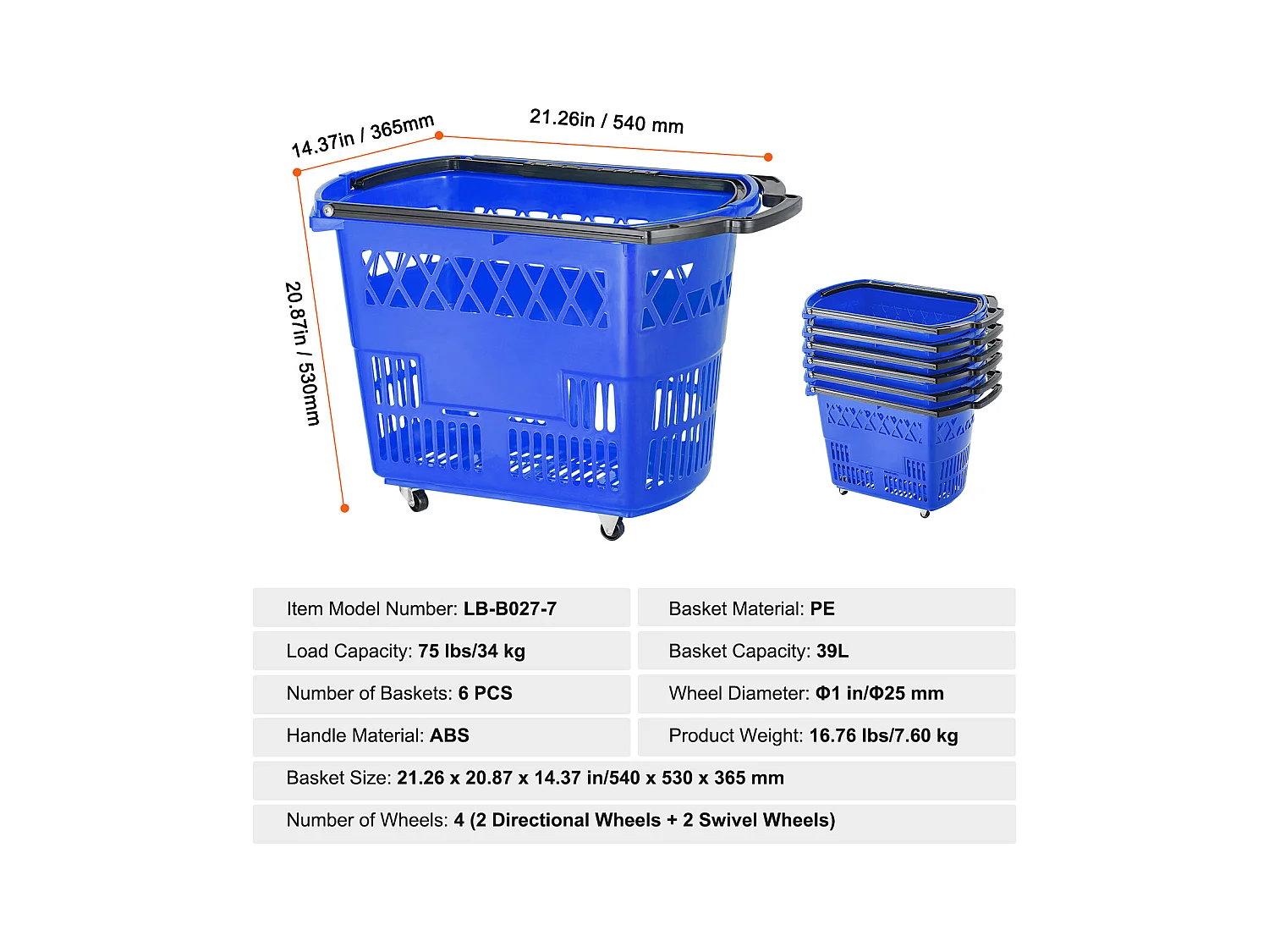 Paniers à provisions SucceBuy sur Roulettes 6 Pièces 39 L