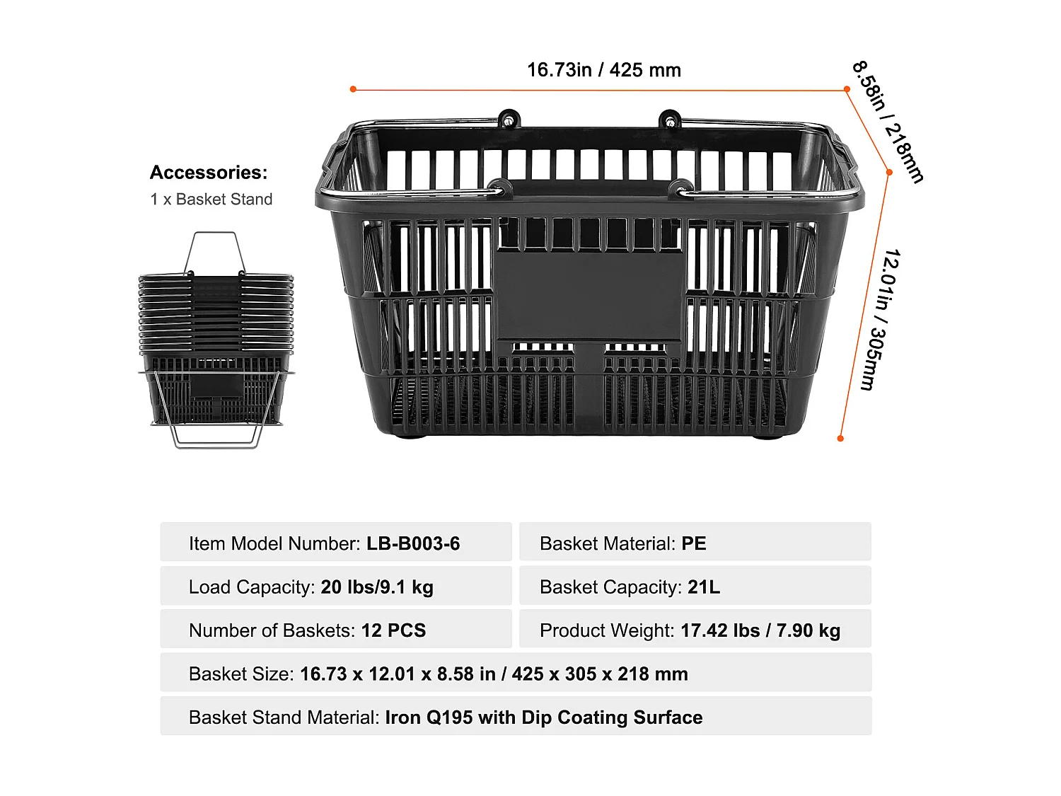 Boodschappentassen SucceBuy Lot van 12 Zwarte Tassen van 21 L, met Handgreep van Metaal en Support voor Boodschappen