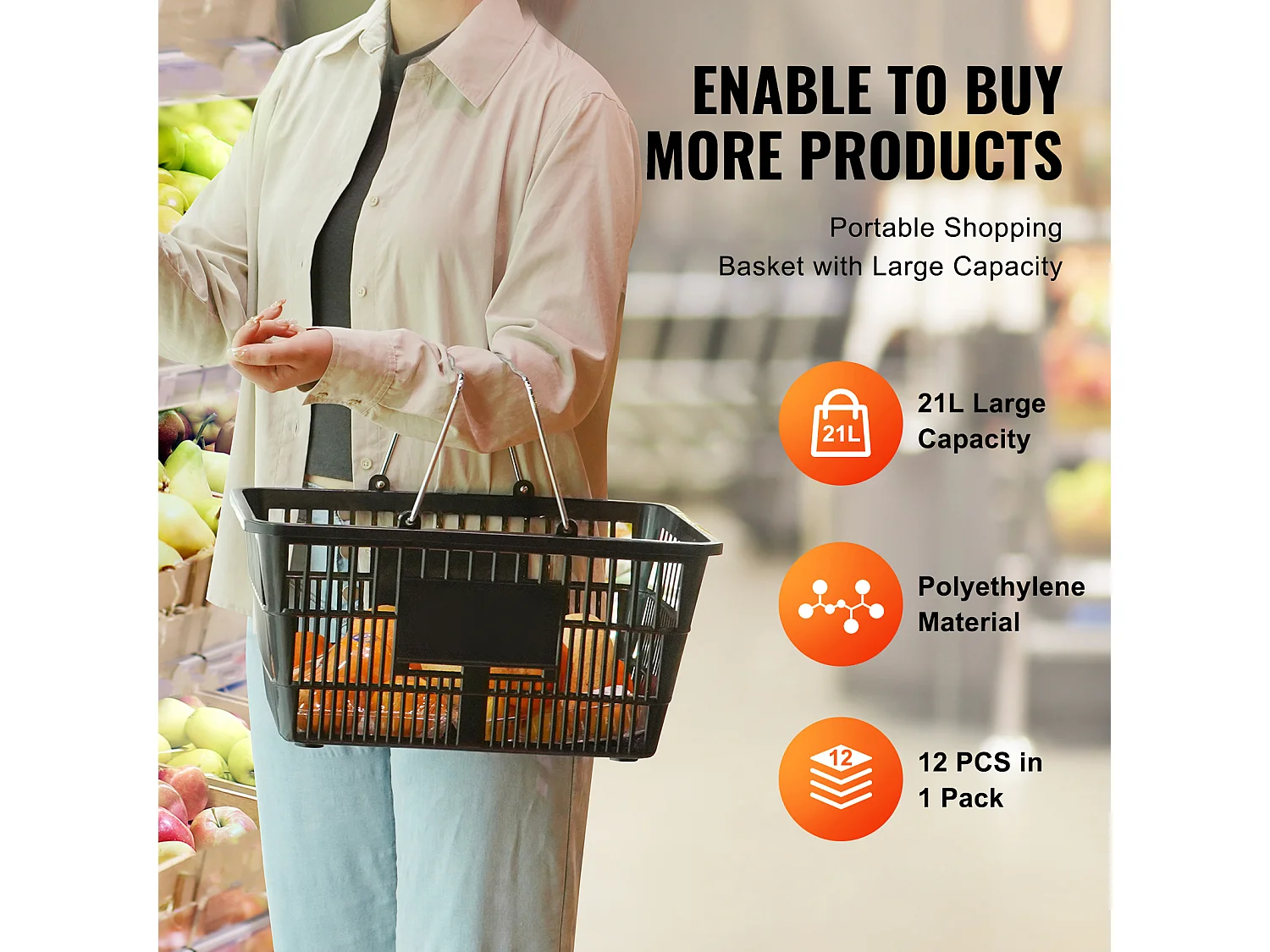 Boodschappentassen SucceBuy Lot van 12 Zwarte Tassen van 21 L, met Handgreep van Metaal en Support voor Boodschappen