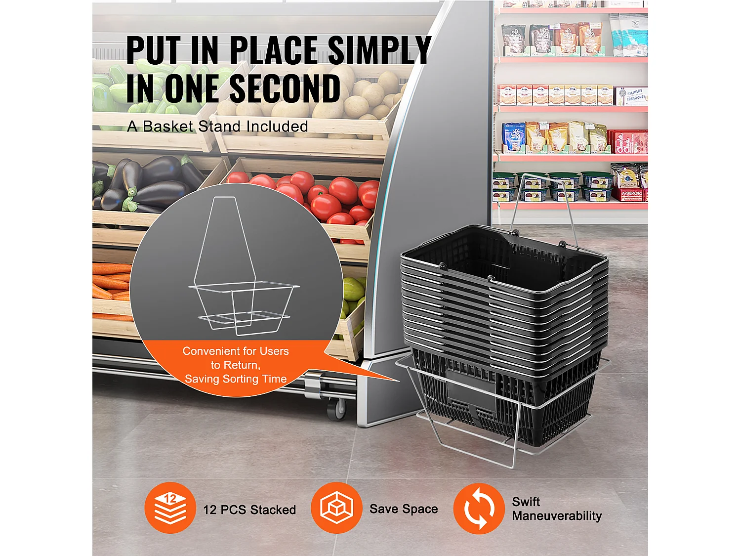 Boodschappentassen SucceBuy Lot van 12 Zwarte Tassen van 21 L, met Handgreep van Metaal en Support voor Boodschappen