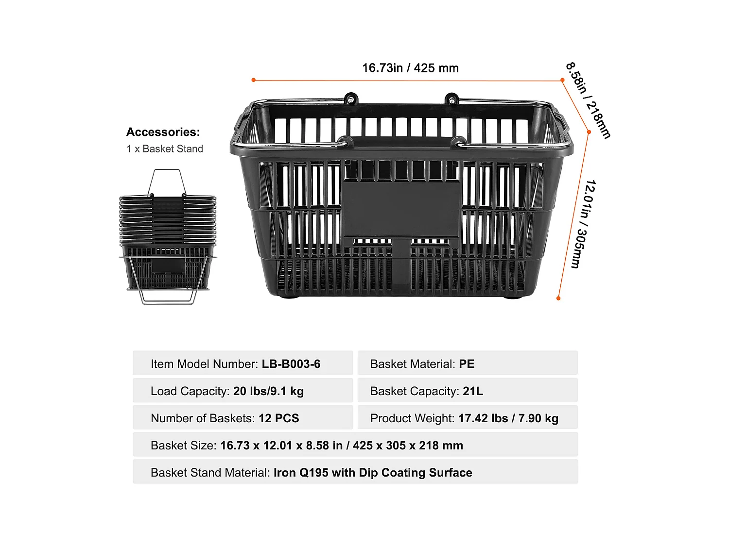 Paniers SucceBuy Lot de 12 Paniers Noirs de 21 L, avec Poignée en Métal et Support pour Courses