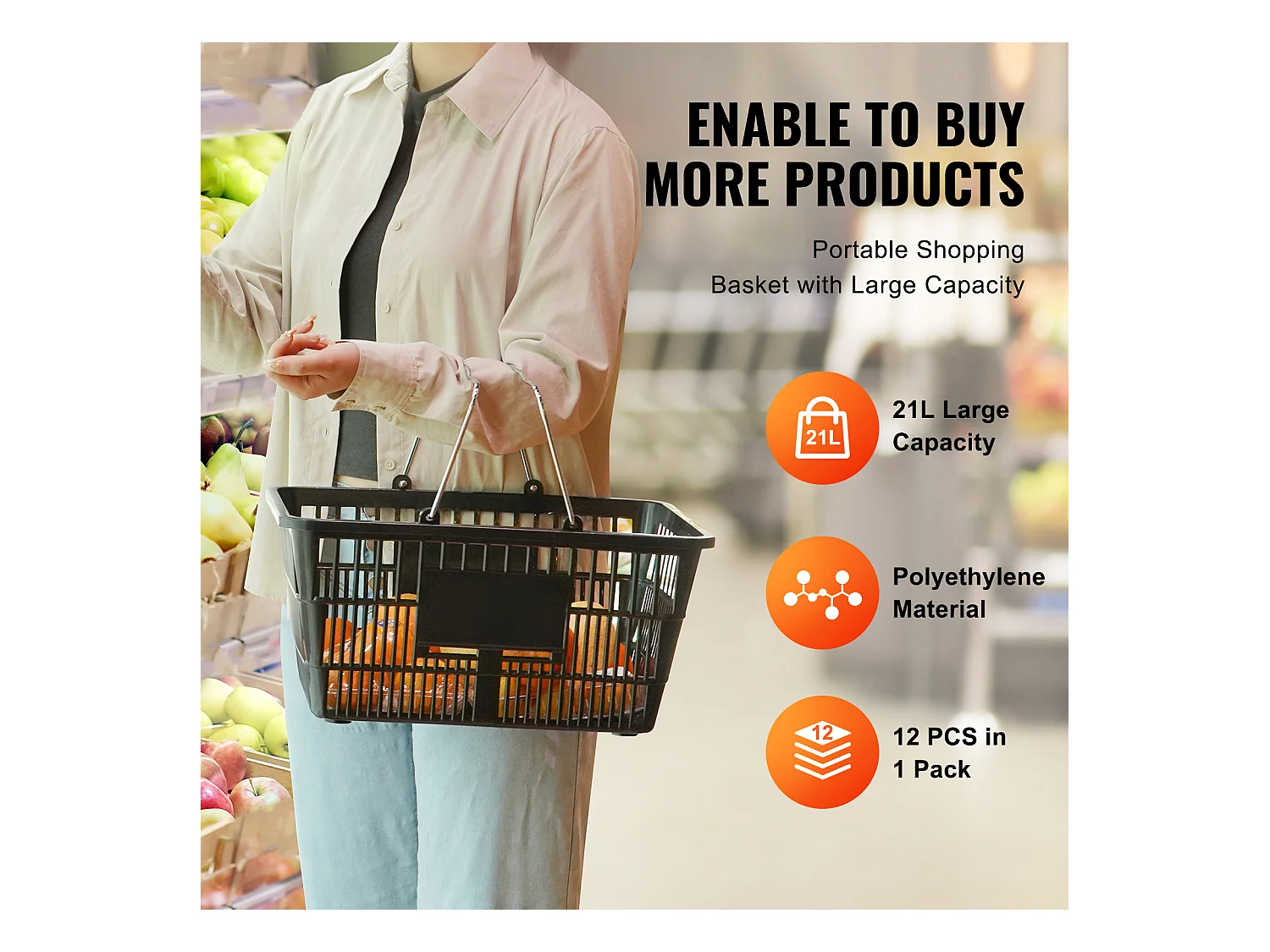 Paniers SucceBuy Lot de 12 Paniers Noirs de 21 L, avec Poignée en Métal et Support pour Courses