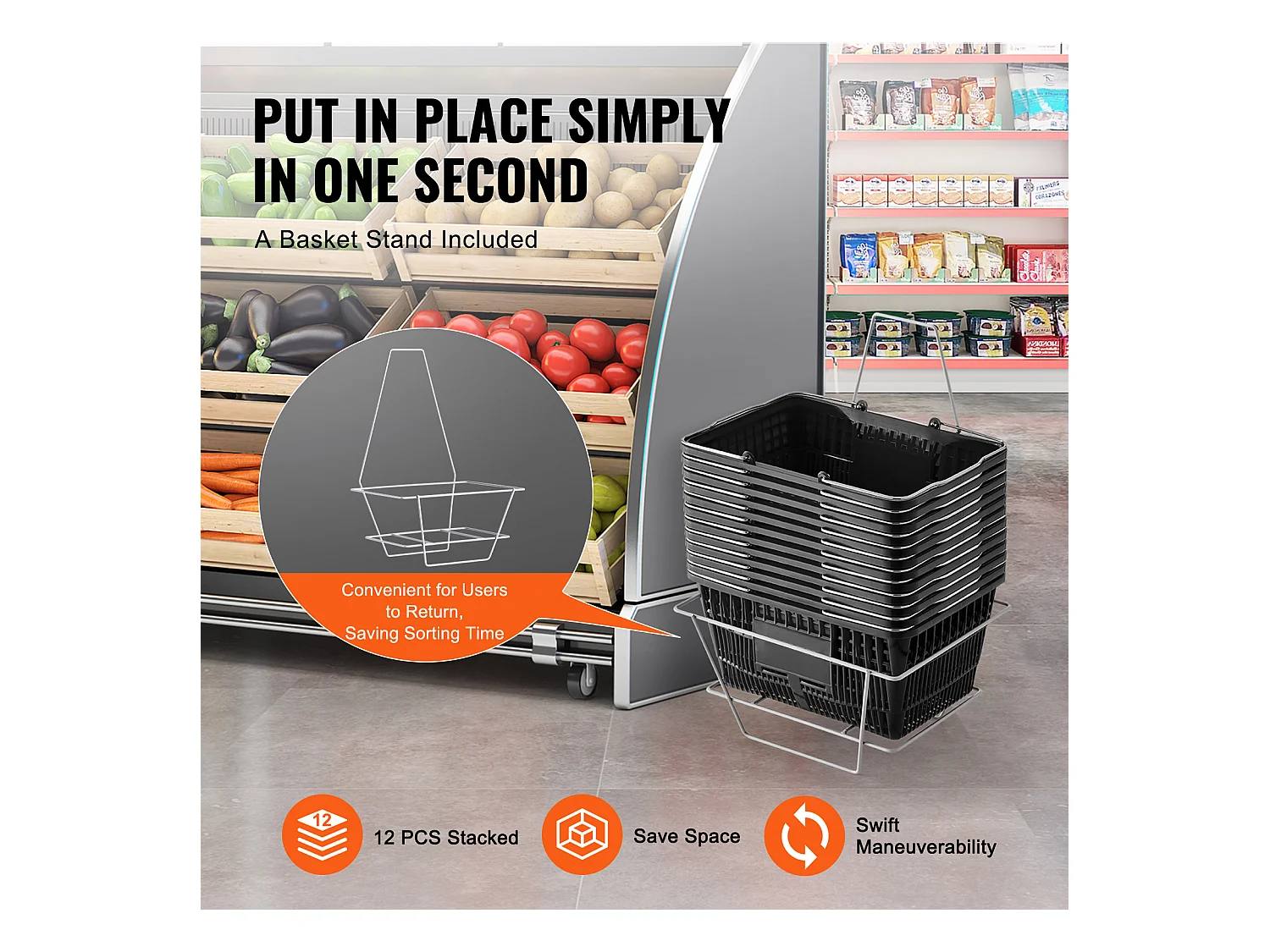 Paniers SucceBuy Lot de 12 Paniers Noirs de 21 L, avec Poignée en Métal et Support pour Courses