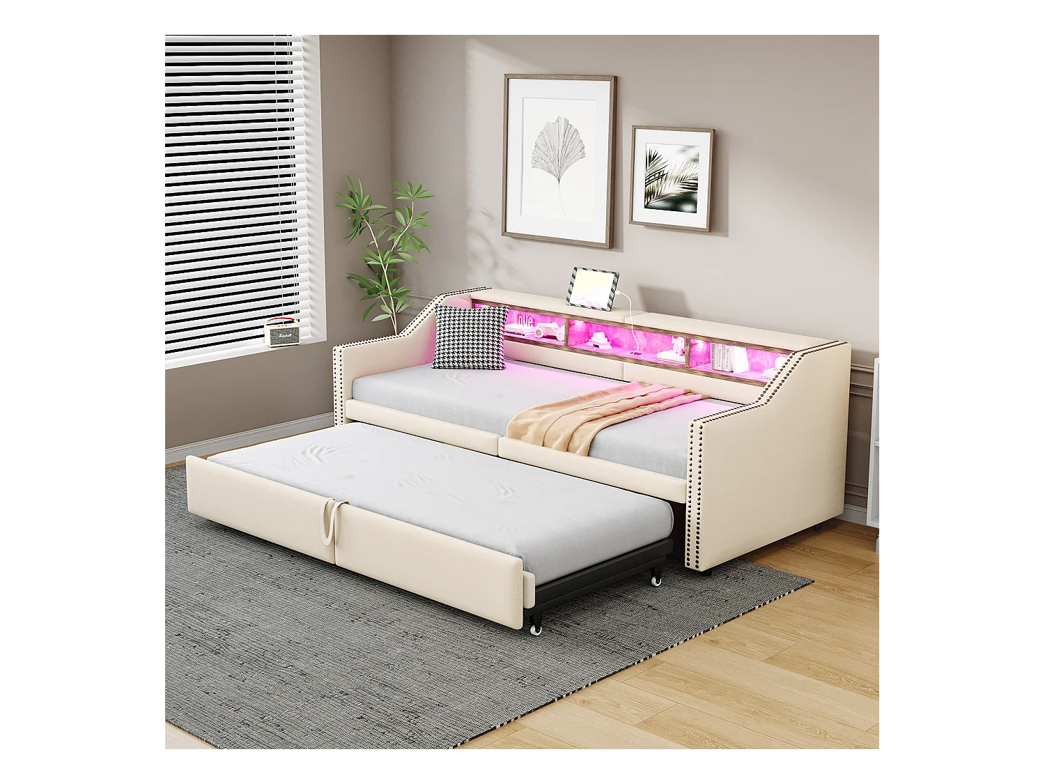 Lit enfant 90/180x200cm beige en lin, lit banquette gigogne avec LED et USB, sans matelas