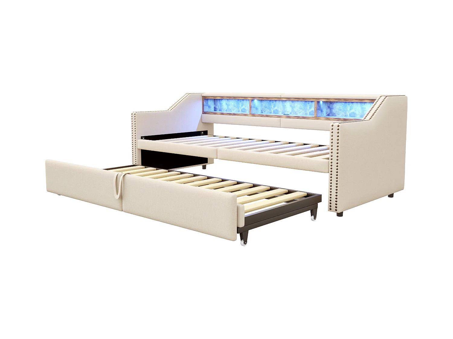 Lit enfant 90/180x200cm beige en lin, lit banquette gigogne avec LED et USB, sans matelas