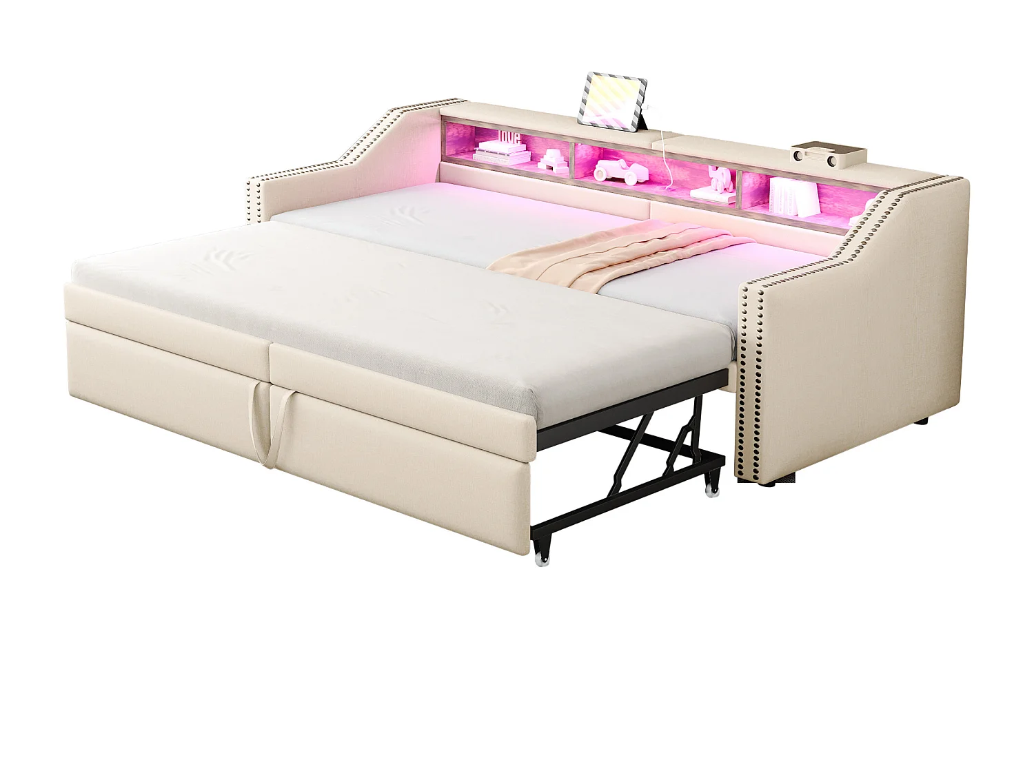 Lit enfant 90/180x200cm beige en lin, lit banquette gigogne avec LED et USB, sans matelas