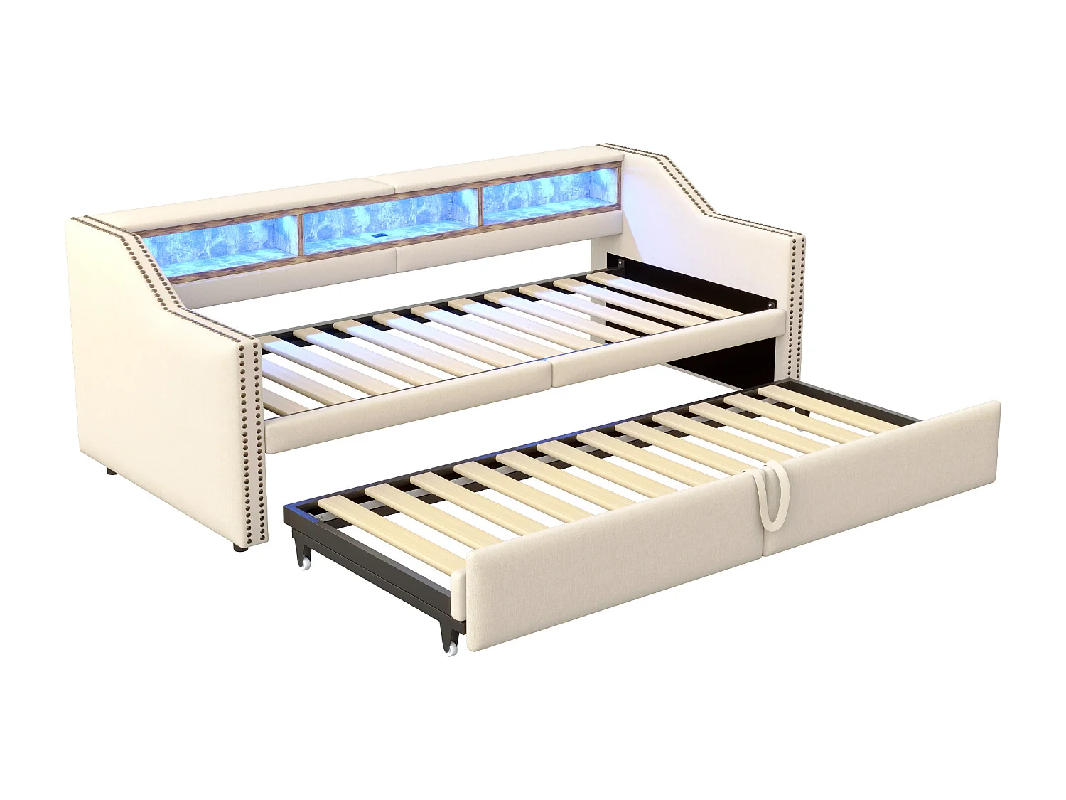 Lit enfant 90/180x200cm beige en lin, lit banquette gigogne avec LED et USB, sans matelas