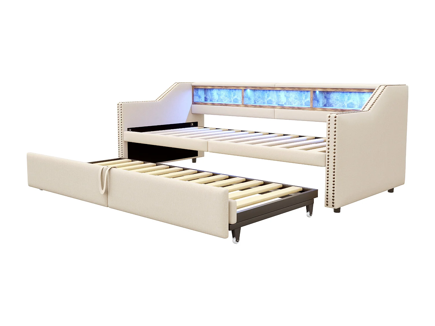 Lit enfant 90/180x200cm beige en lin, lit banquette gigogne avec LED et USB, sans matelas