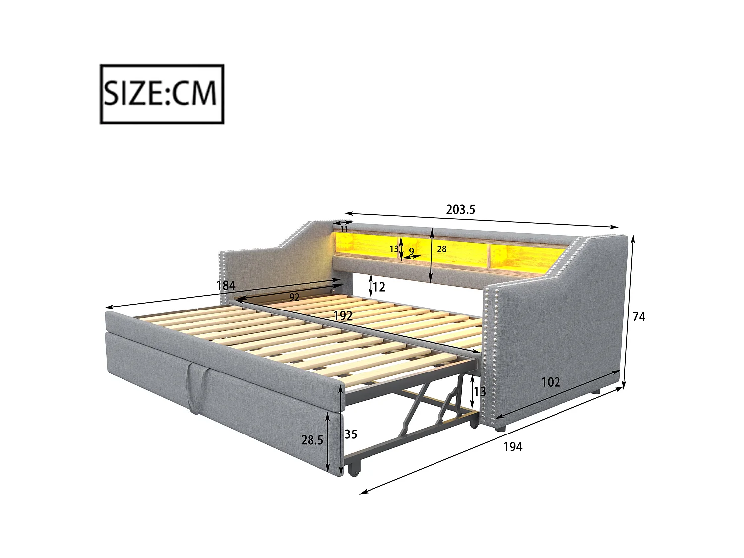 Kinderbed 90/180x190 cm lichtgrijs in linnen, slaapbank met uitschuifbed, LED en USB, zonder matras