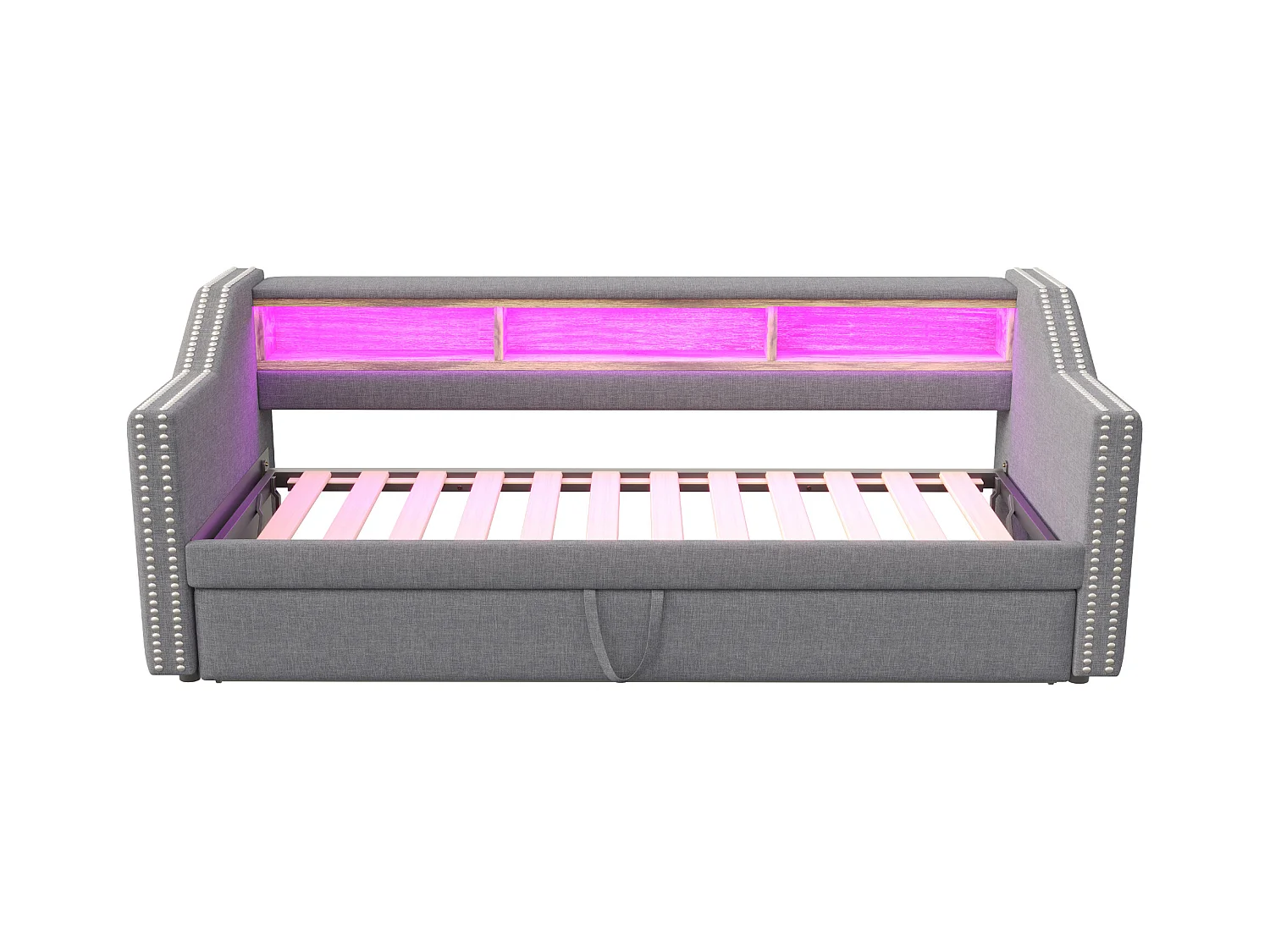 Kinderbed 90/180x190 cm lichtgrijs in linnen, slaapbank met uitschuifbed, LED en USB, zonder matras