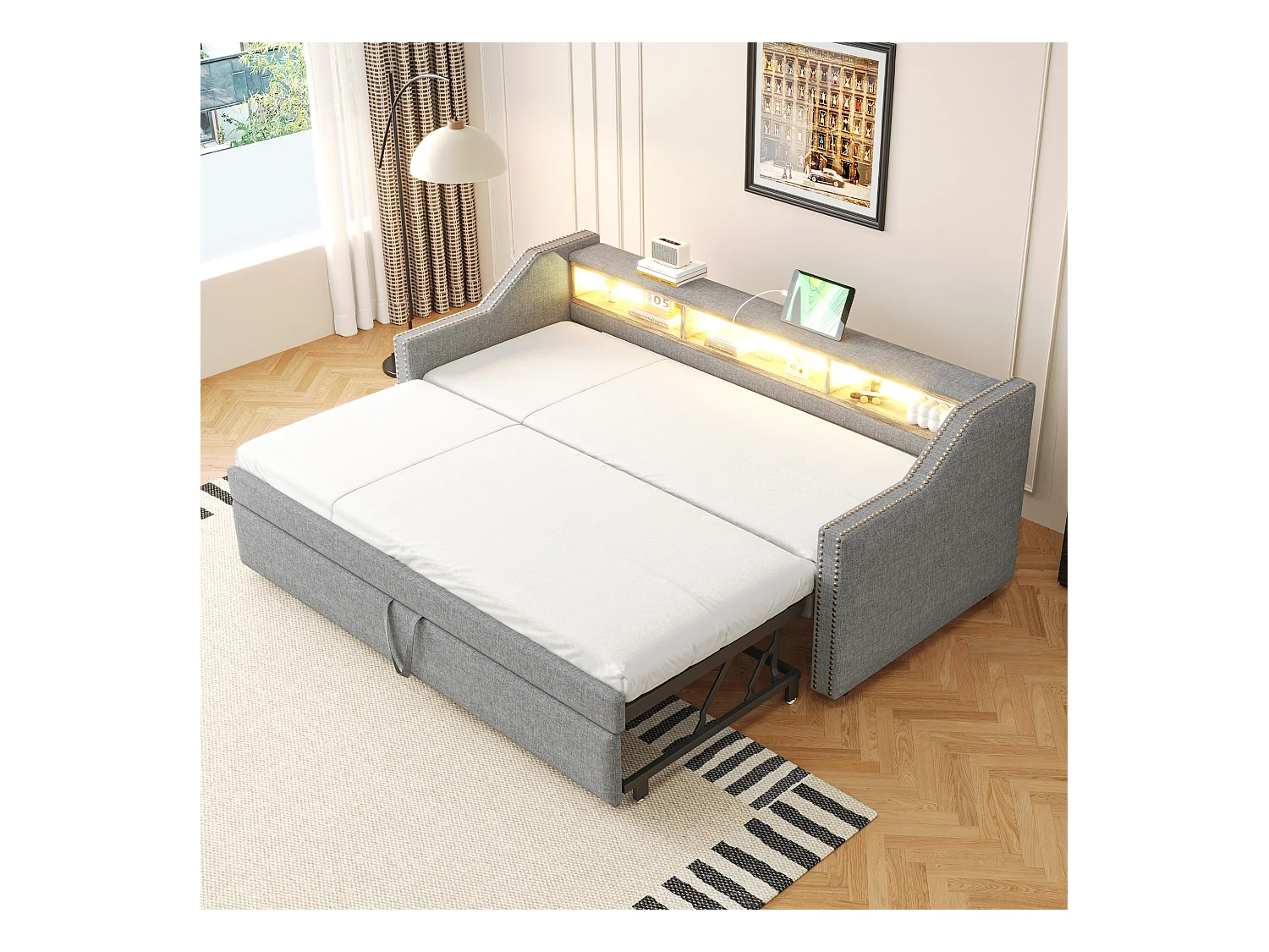 Lit enfant 90/180x190cm gris clair en lin, lit banquette gigogne avec LED et USB, sans matelas