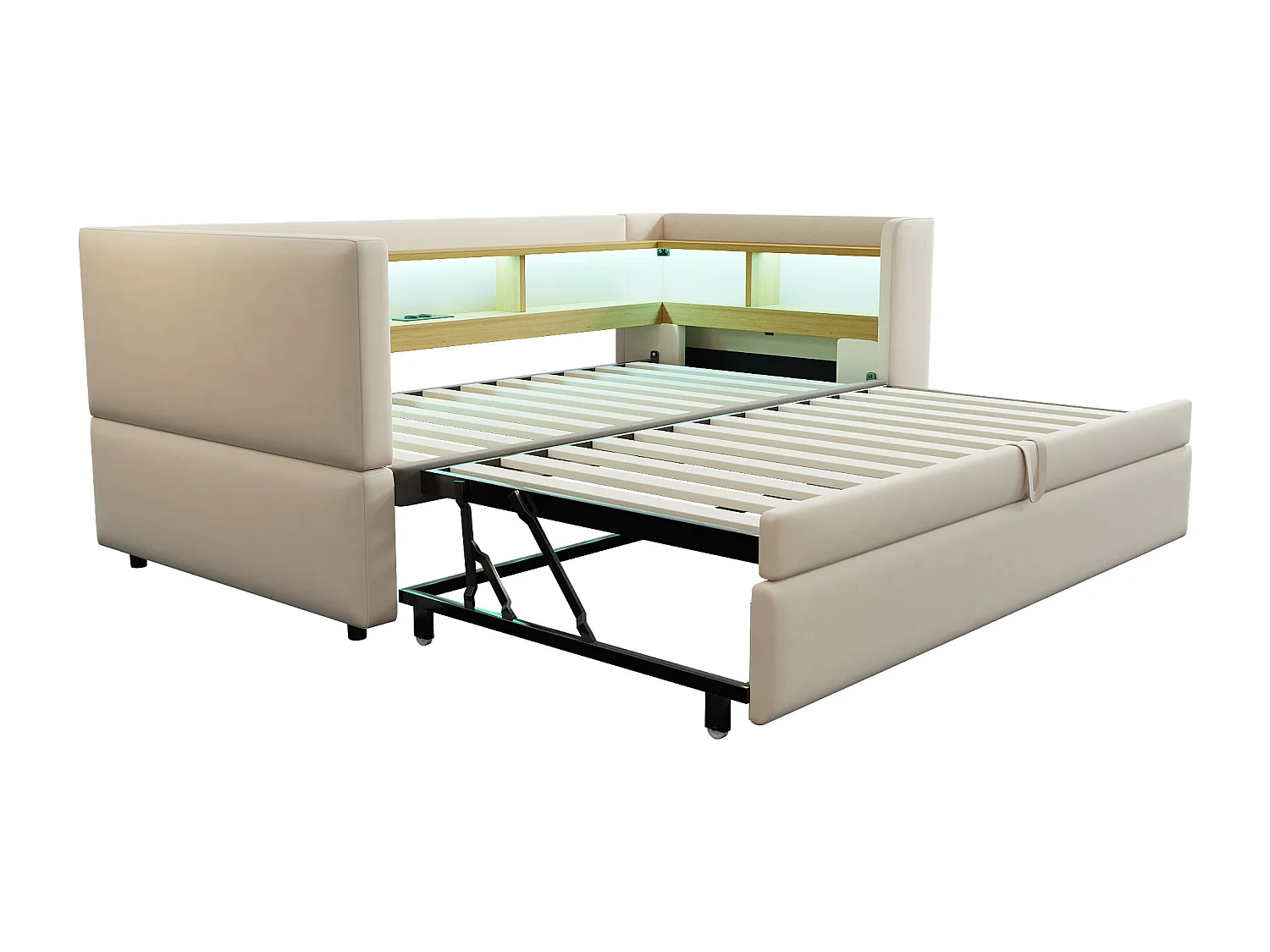 Lit enfant 90/180x190cm beige en flanelle, lit banquette gigogne avec LED et USB, sans matelas