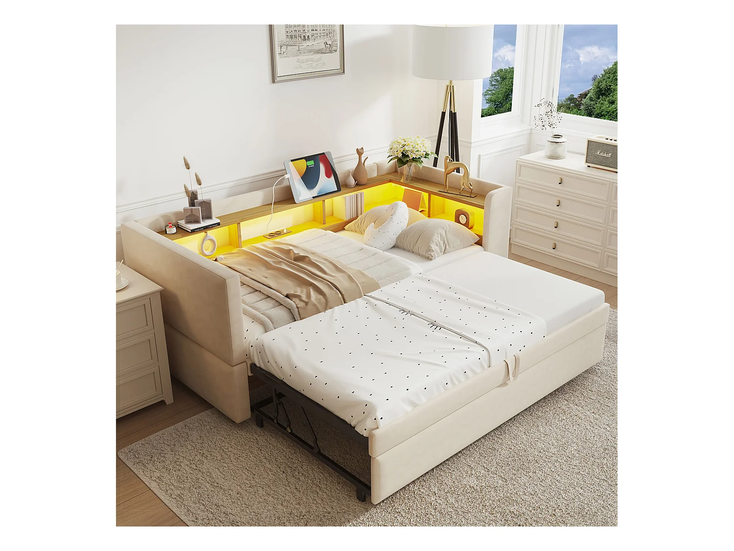 Lit enfant 90/180x190cm beige en flanelle, lit banquette gigogne avec LED et USB, sans matelas