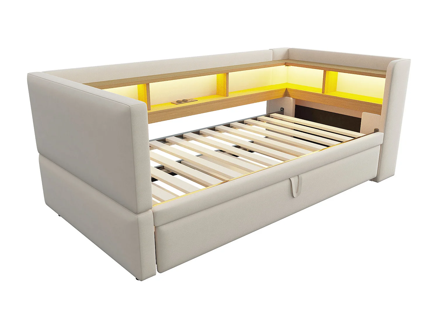 Kinderbed 90/180x190 cm beige in flanel, slaapbank met uitschuifbed, LED en USB, zonder matras