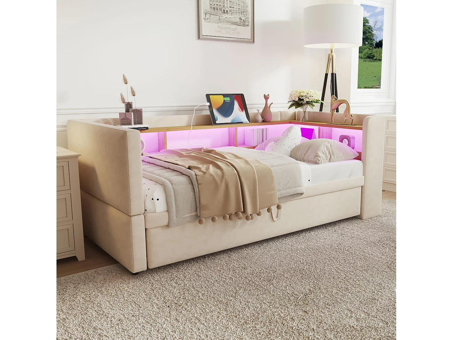 Kinderbed 90/180x190 cm beige in flanel, slaapbank met uitschuifbed, LED en USB, zonder matras