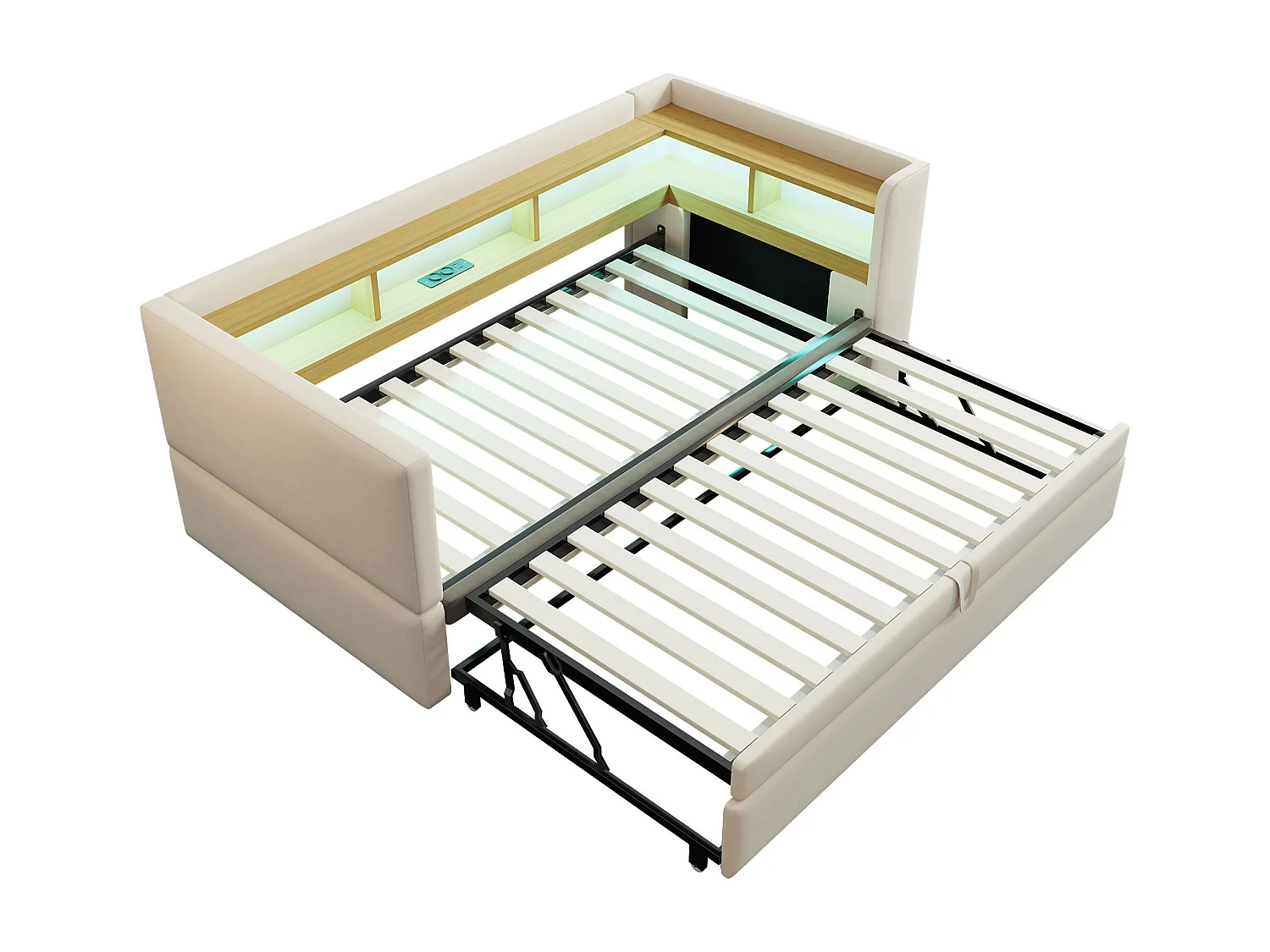 Kinderbed 90/180x190 cm beige in flanel, slaapbank met uitschuifbed, LED en USB, zonder matras