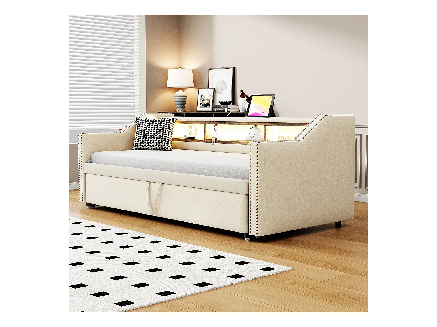 Kinderbed 90/180x190 cm beige in linnen, slaapbank met uitschuifbed, LED en USB, zonder matras