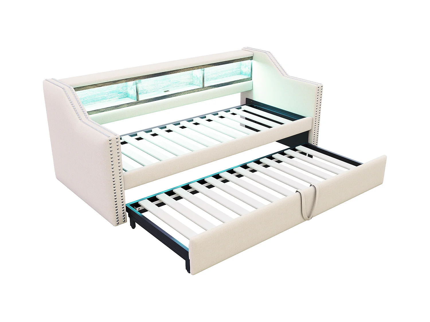 Kinderbed 90/180x190 cm beige in linnen, slaapbank met uitschuifbed, LED en USB, zonder matras