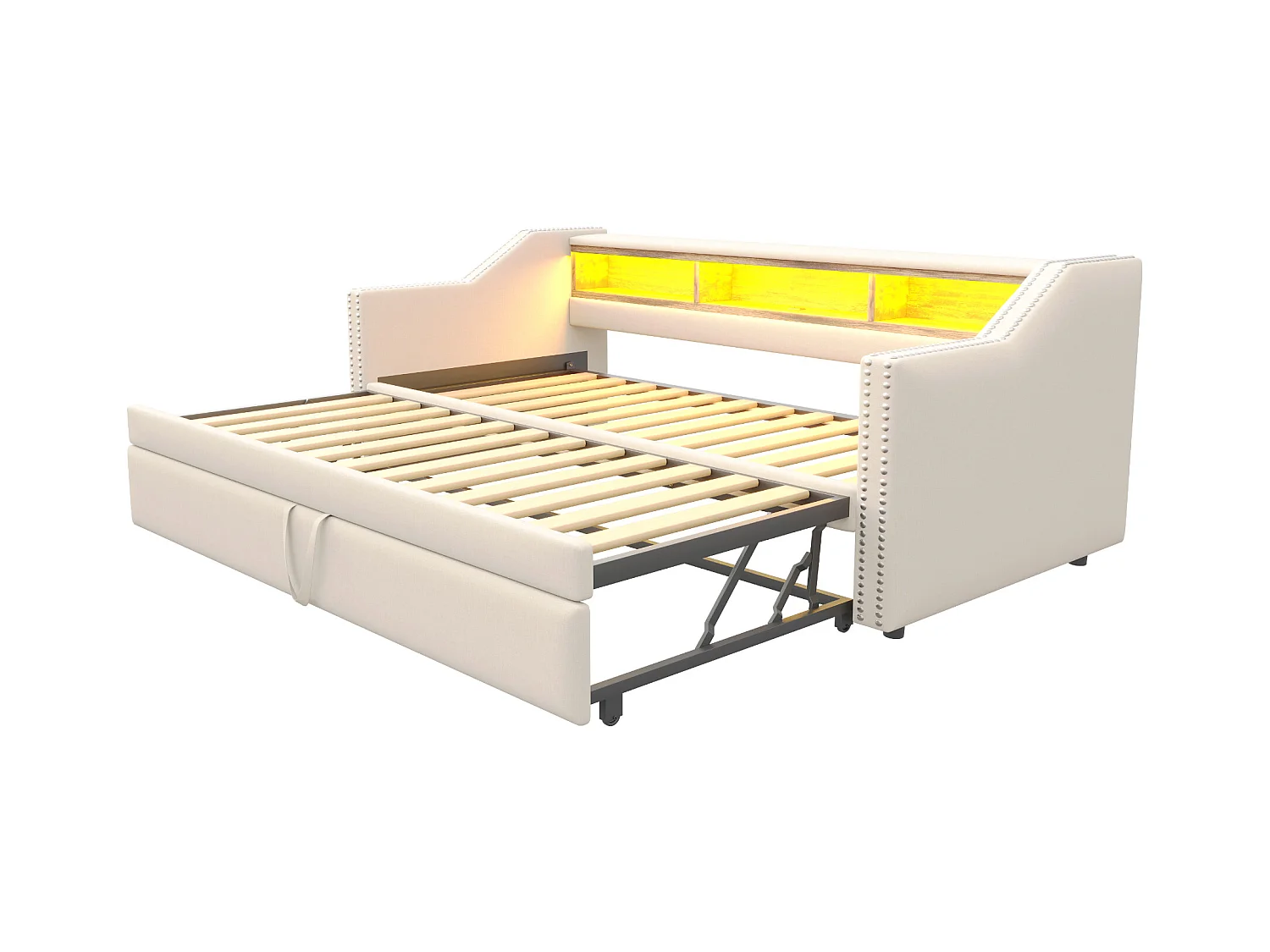 Lit enfant 90/180x190cm beige en lin, lit banquette gigogne avec LED et USB, sans matelas