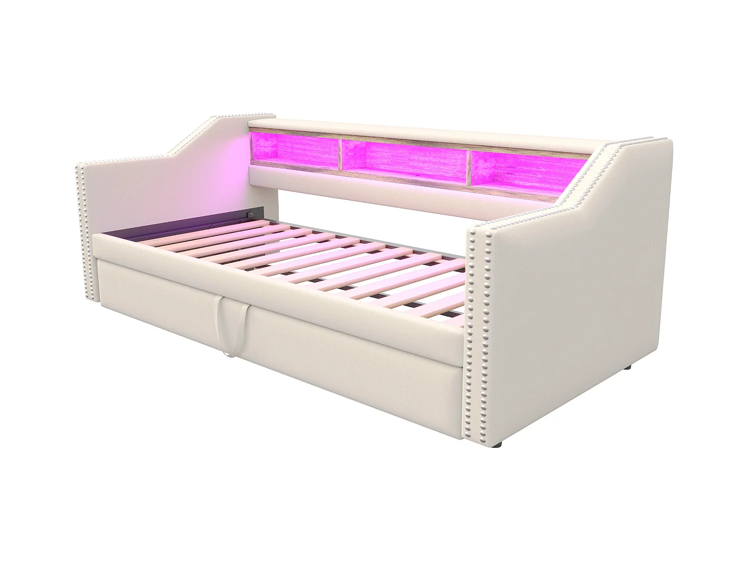 Lit enfant 90/180x190cm beige en lin, lit banquette gigogne avec LED et USB, sans matelas