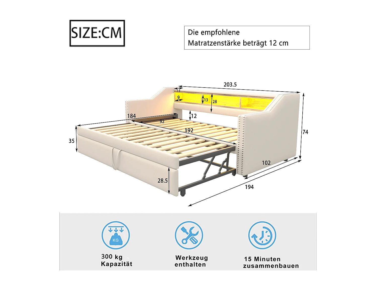 Lit enfant 90/180x190cm beige en lin, lit banquette gigogne avec LED et USB, sans matelas
