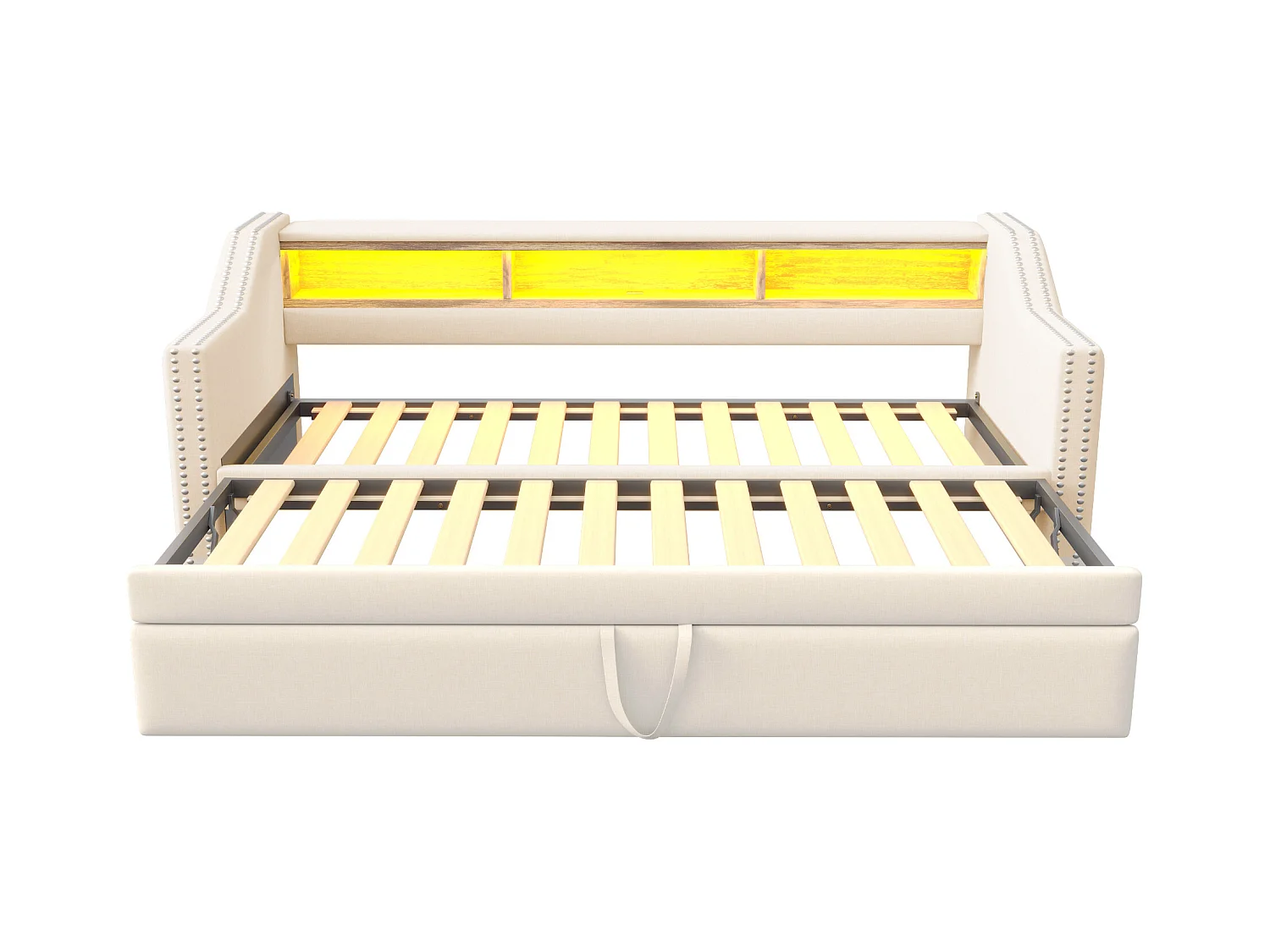 Lit enfant 90/180x190cm beige en lin, lit banquette gigogne avec LED et USB, sans matelas