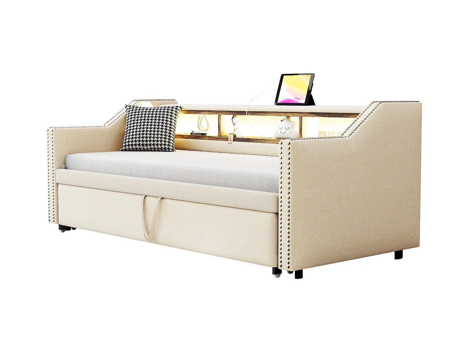 Lit enfant 90/180x190cm beige en lin, lit banquette gigogne avec LED et USB, sans matelas