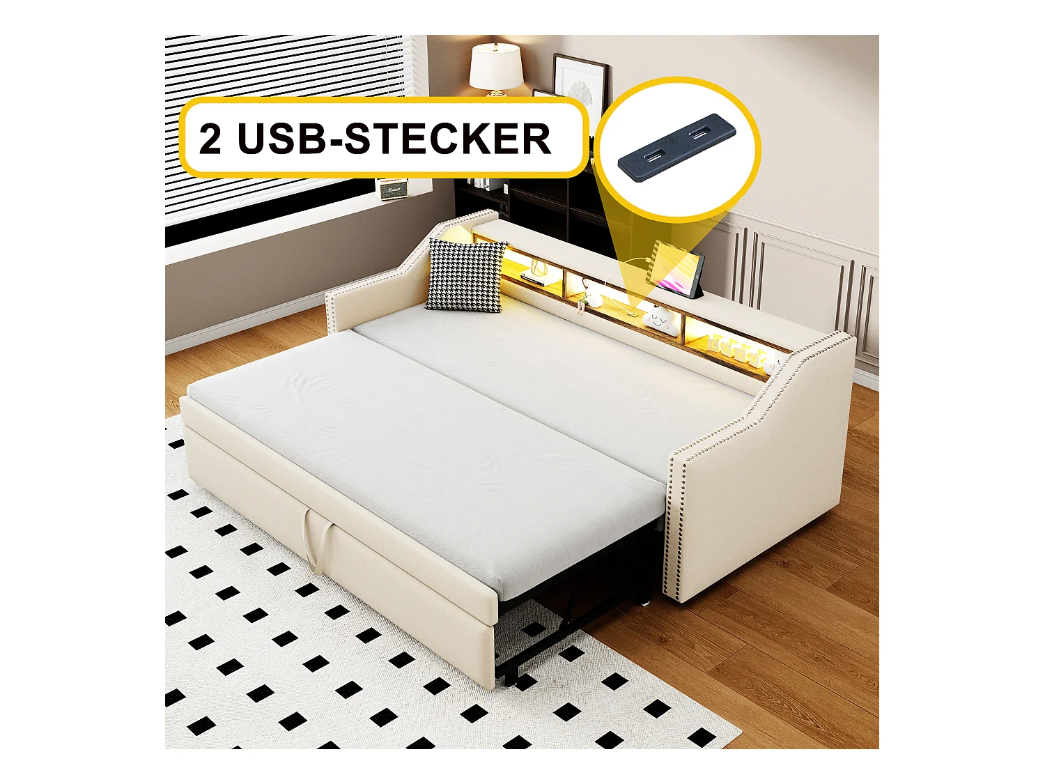 Lit enfant 90/180x190cm beige en lin, lit banquette gigogne avec LED et USB, sans matelas