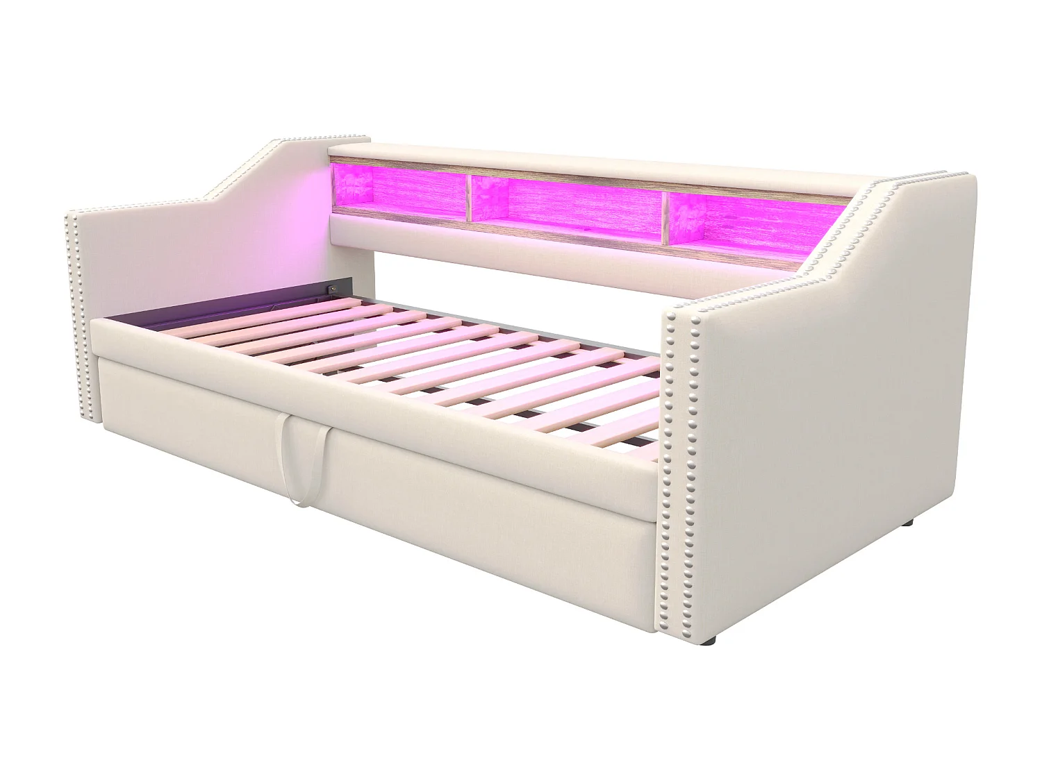 Lit enfant 90/180x190cm beige en lin, lit banquette gigogne avec LED et USB, sans matelas