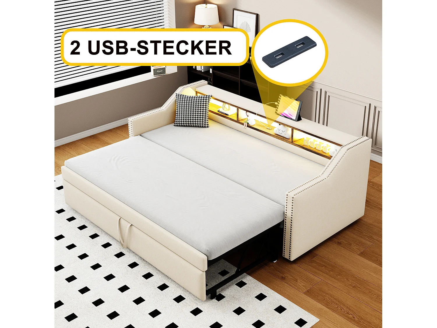 Lit enfant 90/180x190cm beige en lin, lit banquette gigogne avec LED et USB, sans matelas