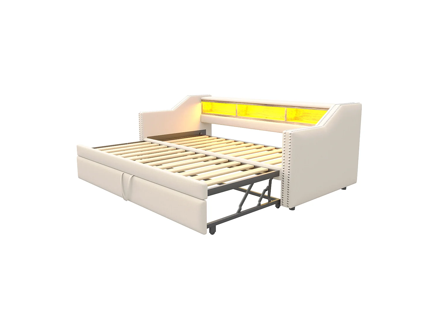 Lit enfant 90/180x190cm beige en lin, lit banquette gigogne avec LED et USB, sans matelas
