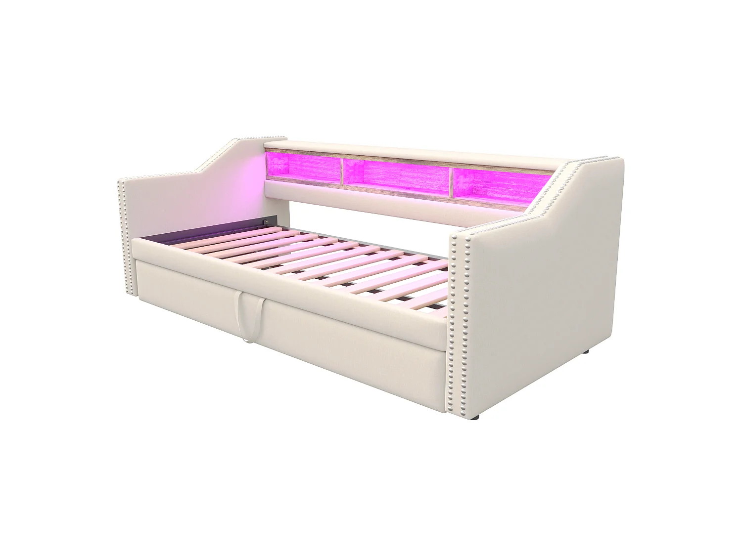 Lit enfant 90/180x190cm beige en lin, lit banquette gigogne avec LED et USB, sans matelas