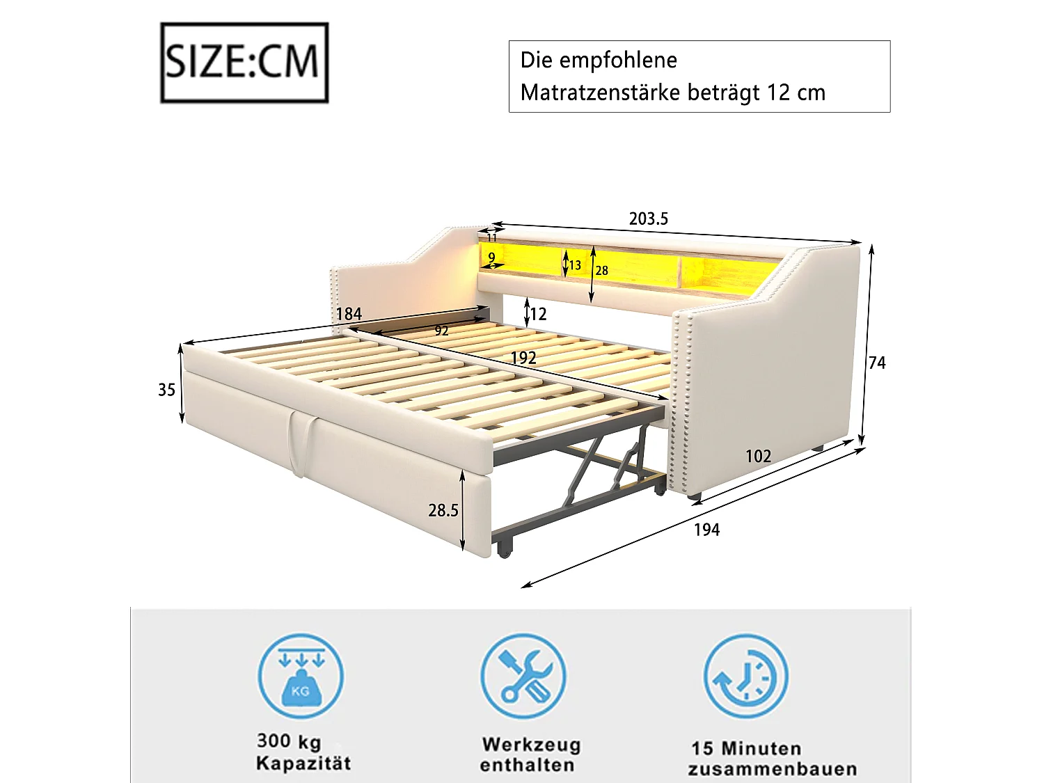 Lit enfant 90/180x190cm beige en lin, lit banquette gigogne avec LED et USB, sans matelas