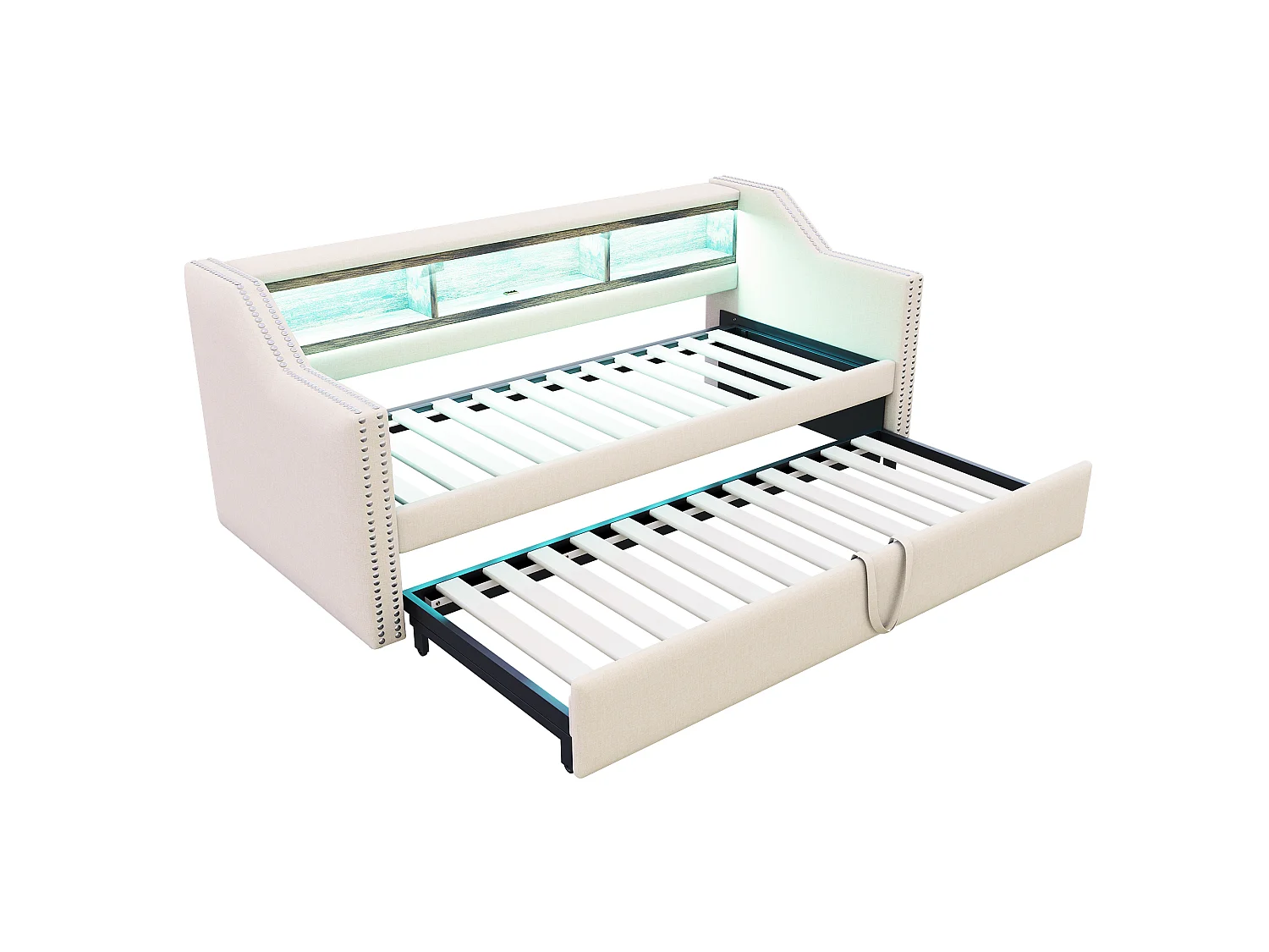 Lit enfant 90/180x190cm beige en lin, lit banquette gigogne avec LED et USB, sans matelas