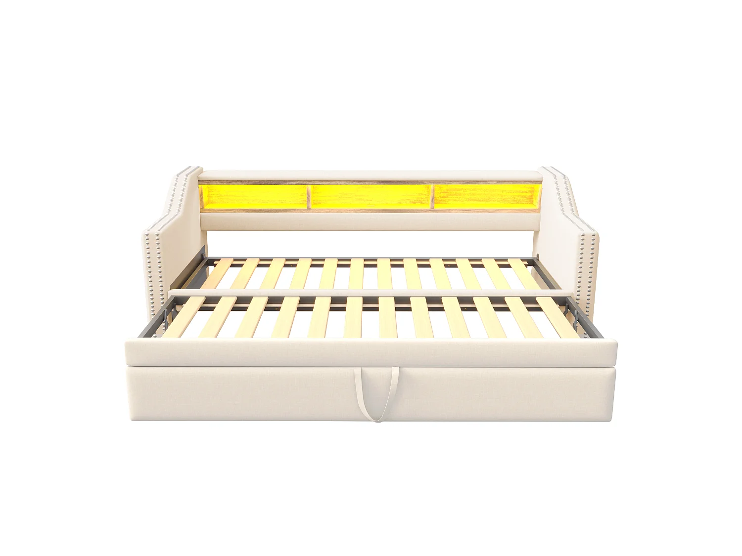 Lit enfant 90/180x190cm beige en lin, lit banquette gigogne avec LED et USB, sans matelas