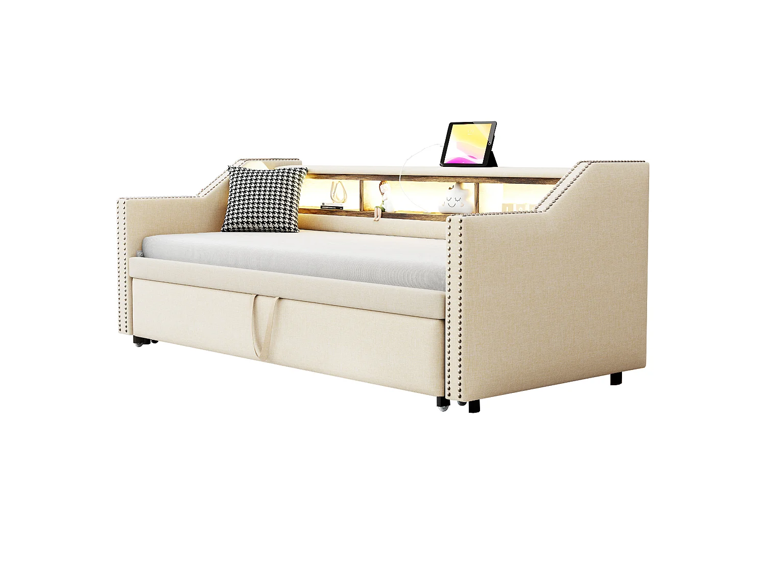 Lit enfant 90/180x190cm beige en lin, lit banquette gigogne avec LED et USB, sans matelas