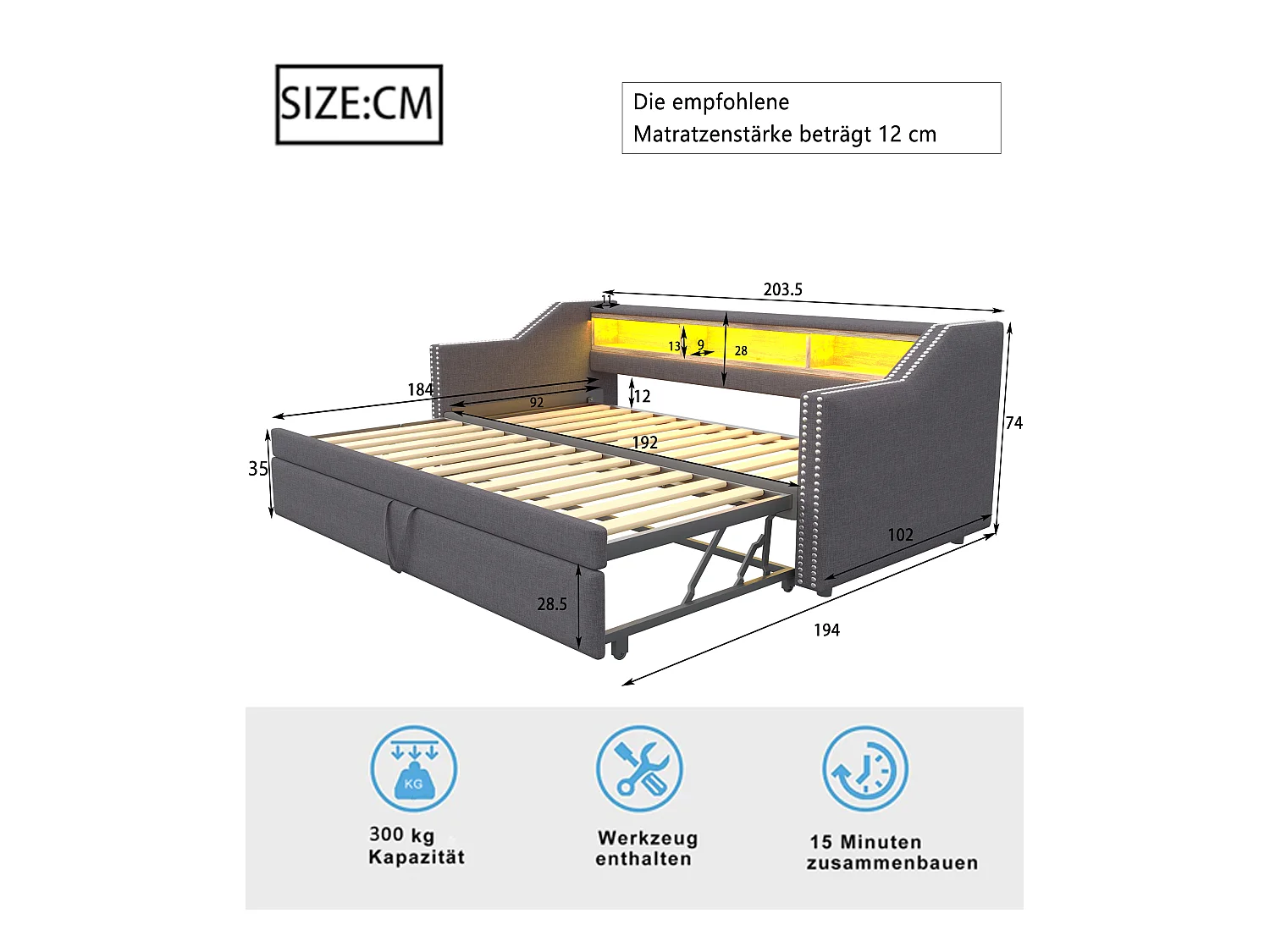 Kinderbed 90/180x190 cm grijs in linnen, slaapbank met uitschuifbed, LED en USB, zonder matras