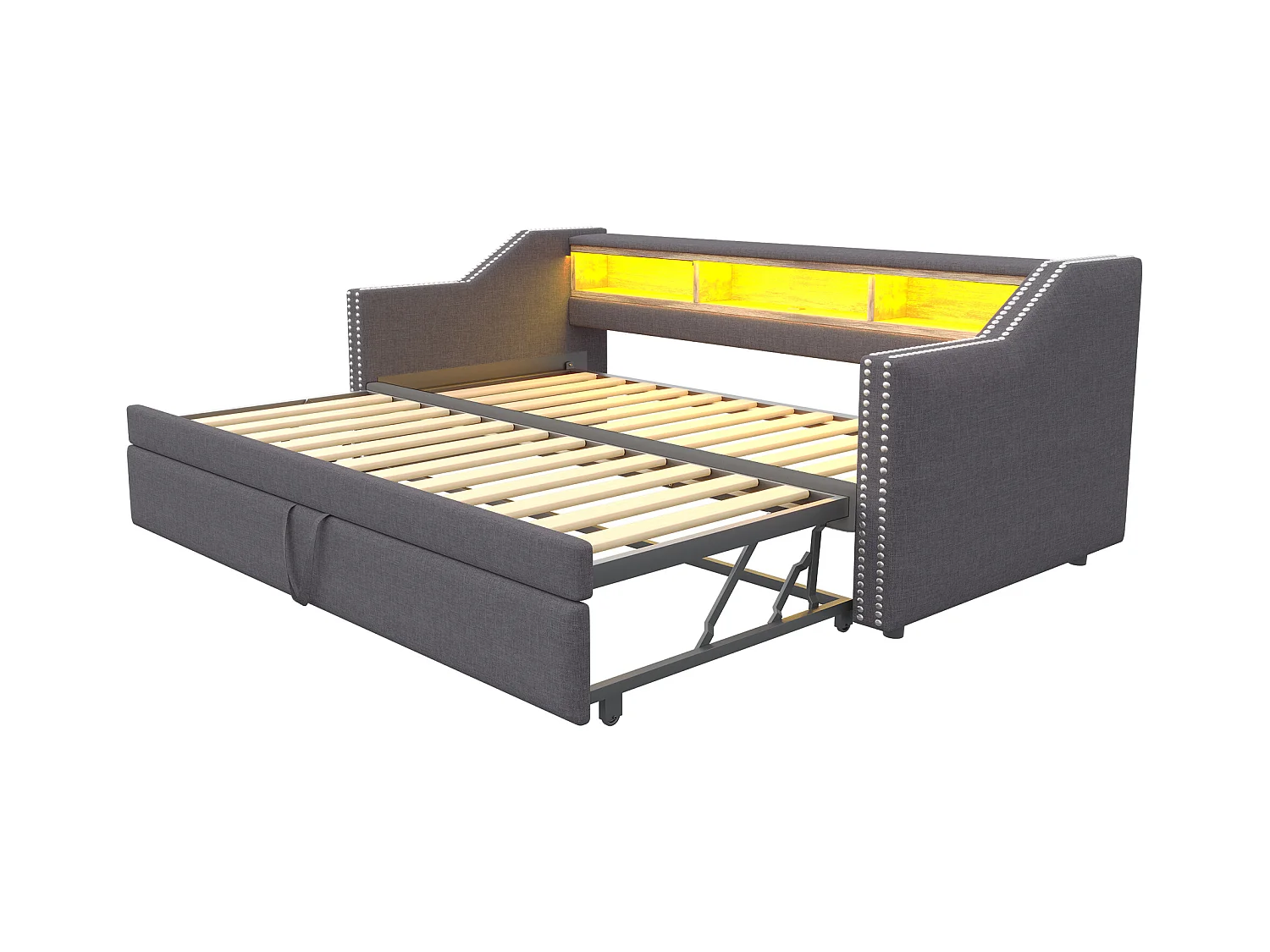 Kinderbed 90/180x190 cm grijs in linnen, slaapbank met uitschuifbed, LED en USB, zonder matras
