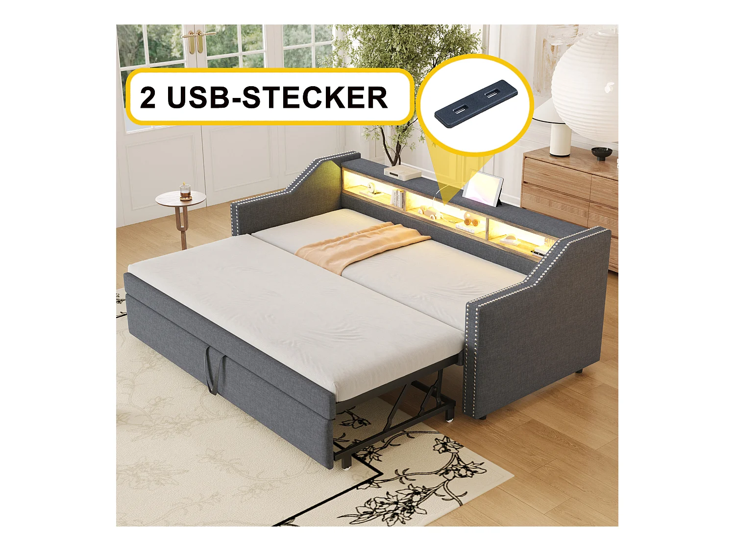 Kinderbed 90/180x190 cm grijs in linnen, slaapbank met uitschuifbed, LED en USB, zonder matras