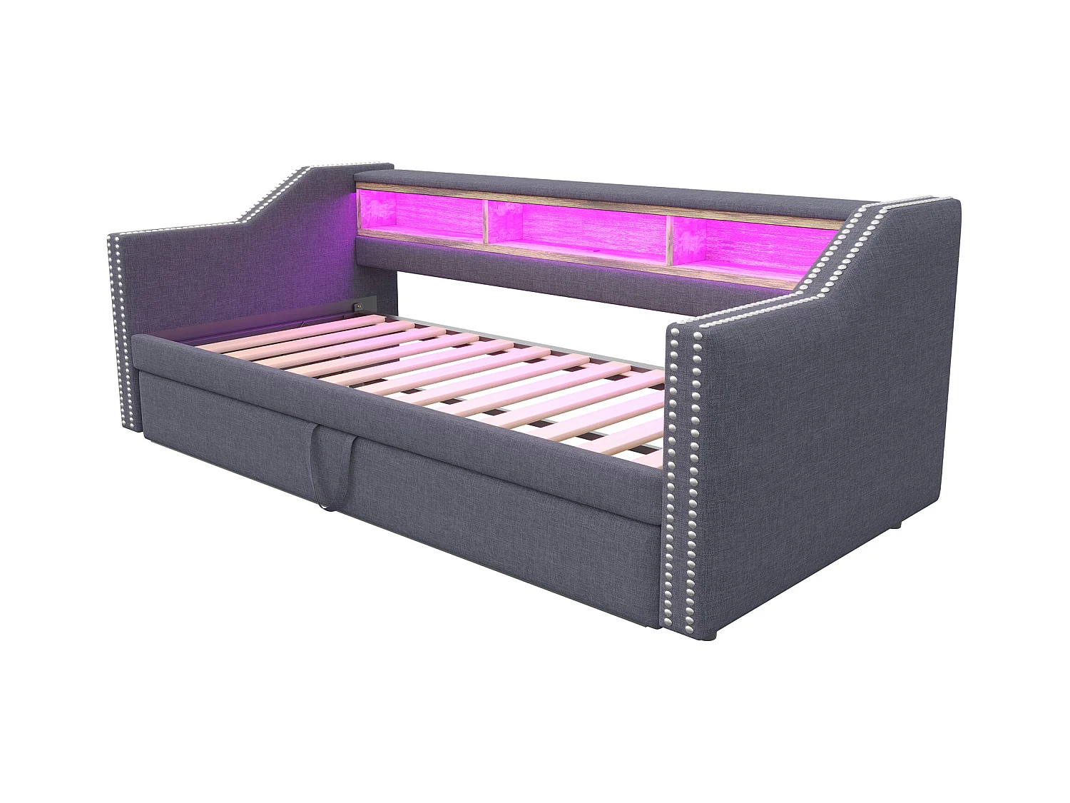 Lit enfant 90/180x190cm gris en lin, lit banquette gigogne avec LED et USB, sans matelas