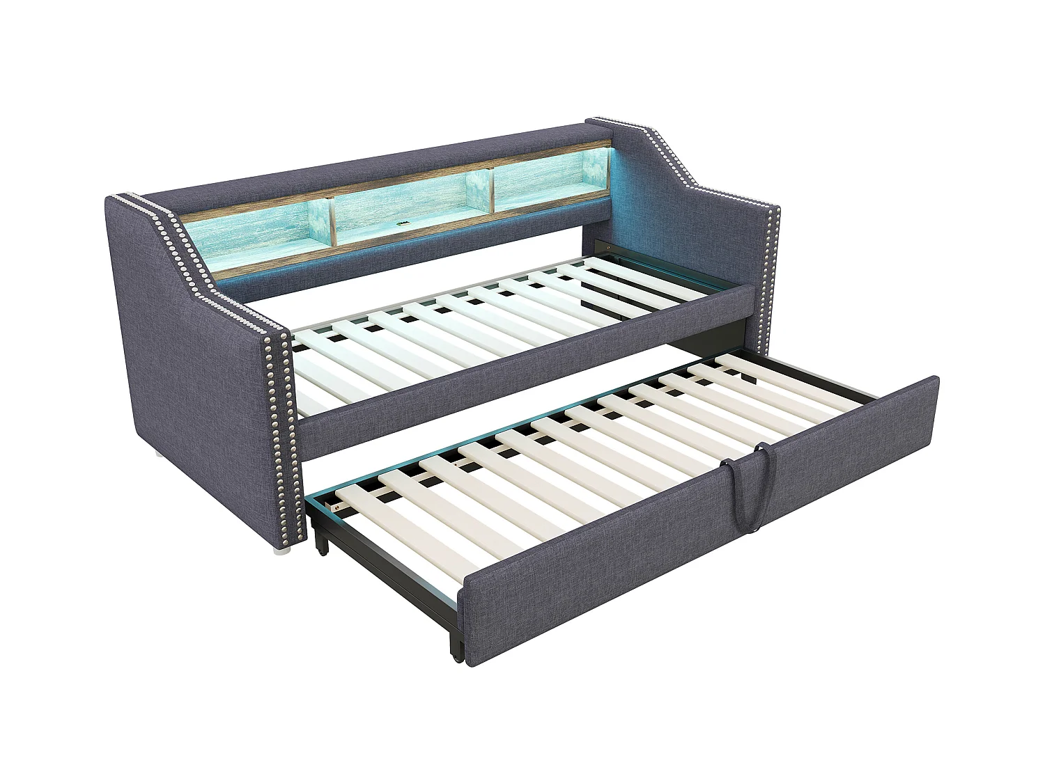 Lit enfant 90/180x190cm gris en lin, lit banquette gigogne avec LED et USB, sans matelas