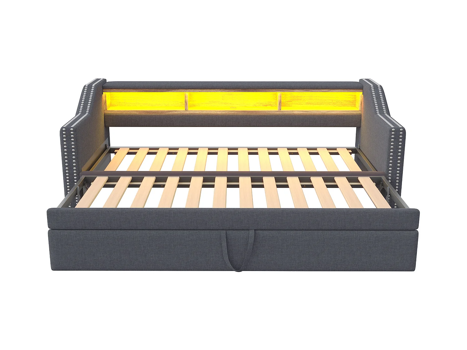 Lit enfant 90/180x190cm gris en lin, lit banquette gigogne avec LED et USB, sans matelas