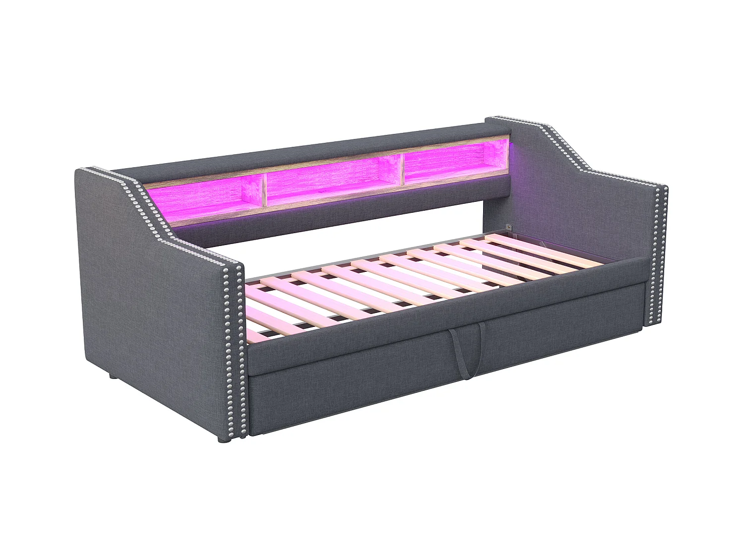 Lit enfant 90/180x190cm gris en lin, lit banquette gigogne avec LED et USB, sans matelas