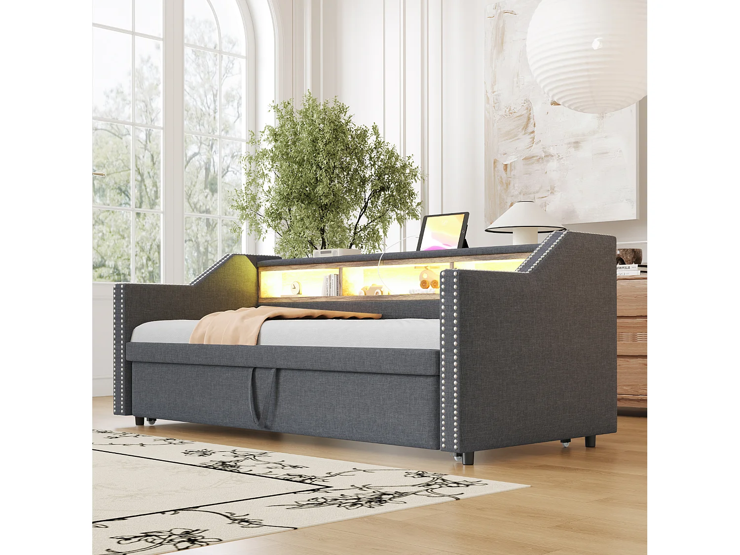 Lit enfant 90/180x190cm gris en lin, lit banquette gigogne avec LED et USB, sans matelas