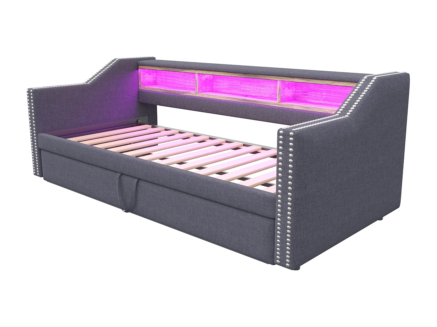 Lit enfant 90/180x190cm gris en lin, lit banquette gigogne avec LED et USB, sans matelas