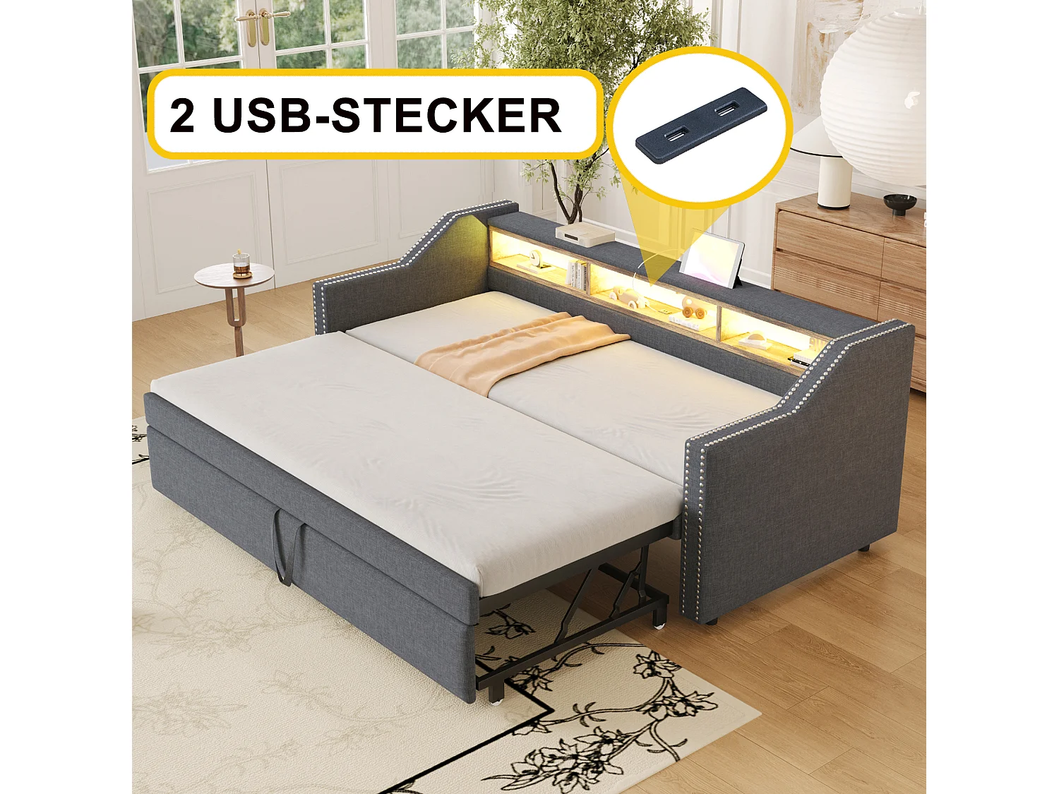 Lit enfant 90/180x190cm gris en lin, lit banquette gigogne avec LED et USB, sans matelas