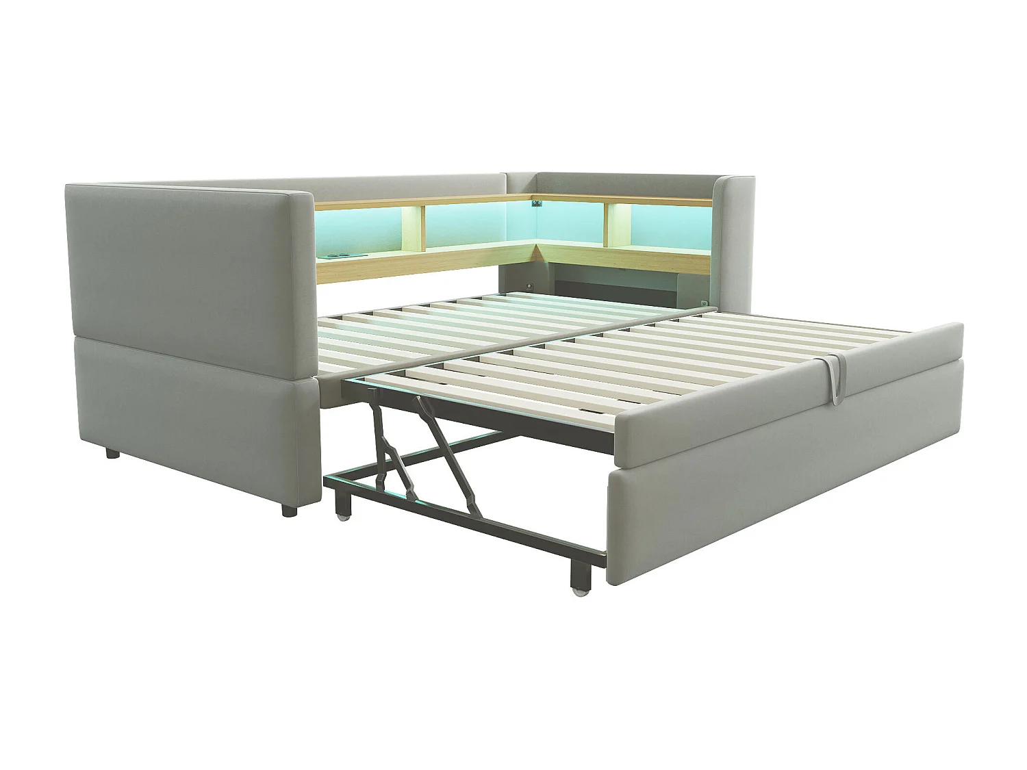 Lit enfant 90/180x190cm gris clair en flanelle, lit banquette gigogne avec LED et USB, sans matelas
