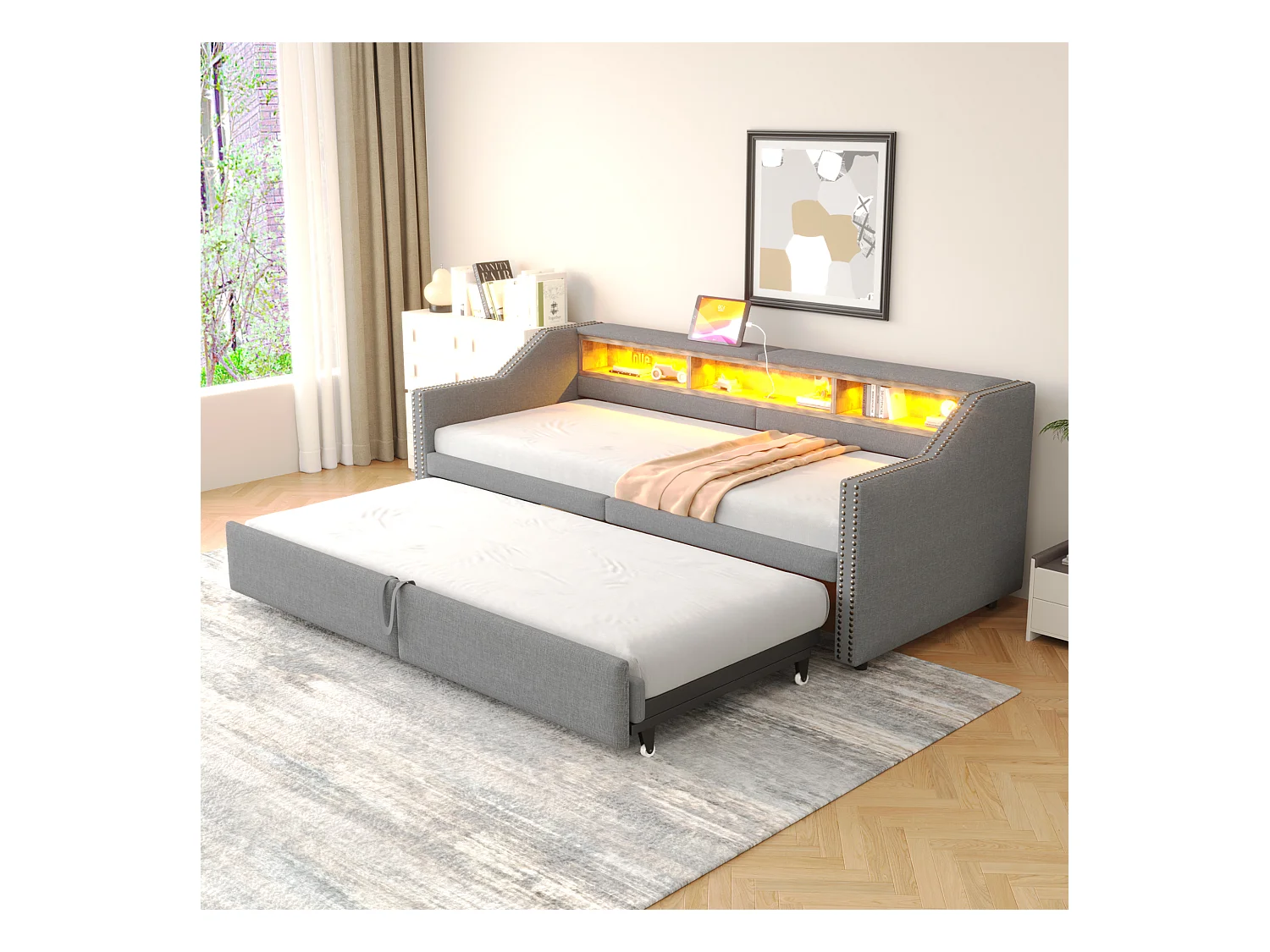 Cama infantil 90/180x200 cm cinza claro em linho, cama sofá com cama extraível, LED e USB, sem colchão